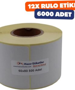 Etiket 60mm x 80mm Ruloda 500 Toplamda 12 Rulo 6000 Adet 40mm Kuka Çapında Baskısız Barkod Yazıcı Etiketi