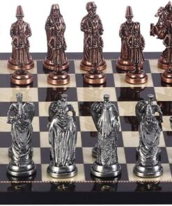 Büyük Boy Metal Osmanlı Bizans Satranç Takımı Antik ve Ceviz Desenli MDF Ahşap Satranç Tahtası (37x37 cm.)
