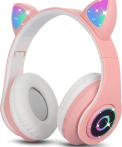 Bluetooth Kulaklık Kız Çocuk Kulak Üstü Kedi Kulaklığı RGB LED Işık Katlanabilir Stereo Kablosuz Kulaklık Çocuklar ve Yetişkinler için Mikrofonlu Dizüstü Bilgisayar / PC / TV (Pembe)