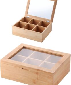Bambu 6 Bölmeli Çay Kutusu -%100 Orjinal Bambu Mıknatıslı Kapak 21x16,5 x7cm