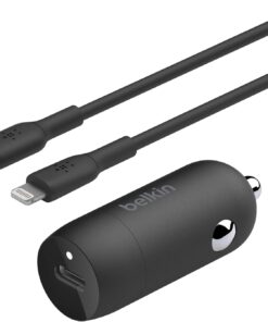 BOOST↑CHARGE™ 30W Hızlı Araç Şarj Cihazı, USB-C Güç Dağıtım Portlu Kompakt Tasarım, USB-C - Lightning Ara Kablosu Dahil, iPhone 16 Serisi, iPad ve Daha Fazlası için Evrensel Uyumluluk - Siyah