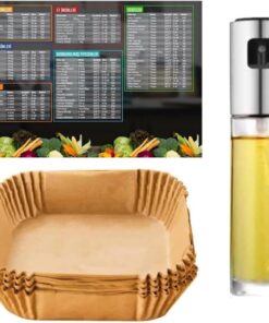 Airfyer Aksesuar Seti, 50 Adet Pişirme Kağıdı Kare + Sprey Yağdanlık 100 ML + Airfyer Sıcaklık ve Kalori Hesaplama Magneti