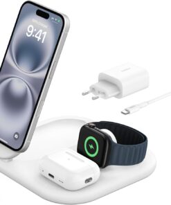 MagSafe Şarj Cihazı, BoostCharge 3'ü 1 Arada Manyetik Katlanabilir Şarj Aleti Qi2 15W - Kaymaz Tabanlı iPhone 16, 15, Apple Watch, AirPods için MagSafe Uyumlu Hızlı Şarj, PSU Dahil - Beyaz