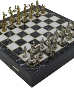 Orta Boy Metal Yunan Satranç Takımı Parlak ve Mermer Desenli Sandıklı MDF Tahtası (36x36x6 cm.)
