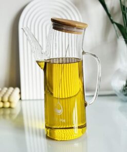 Bambu Kapklı Borosilikat Cam Yağlık & Sirkelik – 1 Litre | Isıya Dayanıklı & Sızdırmaz Tasarım | Bambu Kapaklı Şeffaf Cam Yağdanlık – 1000ml
