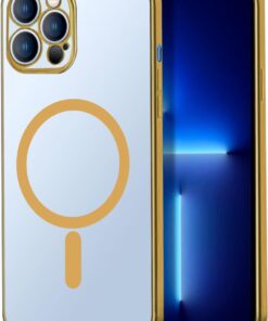 iPhone 13 uyumlu Renkli Kenarlı, Kamera Korumalı, MagSafe uyumlu Şeffaf Kılıf (Gold)