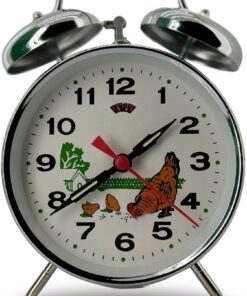 Kurmalı Çift Çanlı Çalar Saat Tavuk ve Çiftlik Desenli Nostalji Masaüstü Saat 11x11x6 cm Ebatlarında Dekoratif Yatak Odası Çocuk ve Genç Odası İçin