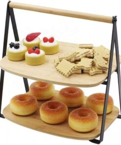 2 Katlı Dikdörtgen Bambu Servis Sunum Seti Büyük Boy, Kuru Pasta, Kurabiye ve Kek Sunumları İçin Büyük Boy (34cm-26.5cm-16cm)