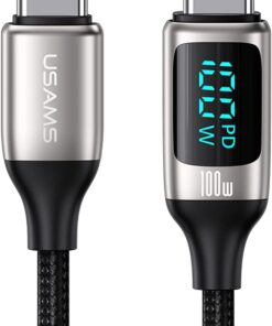 US-SJ546 Dijital Göstergeli Çipli, Örgülü, 1.2m PD 100W Type-C Hızlı Şarj ve Data Kablosu