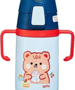 400ml Silikon Pipetli Sevimli Ayıcıklı Boyun Askılı Bebek Kulplu Paslanmaz Çelik Termos (Lacivert)