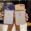 Iphone 12 Pro Kılıf Kamera Lens Sürgülü Korumalı, Kenar Renkli, Arkası Buzlu Şeffaf Kapak (Lacivert)