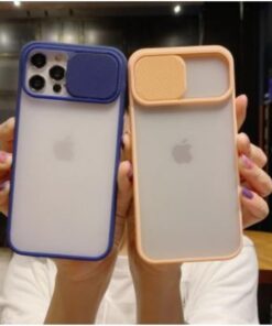 Iphone 12 Pro Kılıf Kamera Lens Sürgülü Korumalı, Kenar Renkli, Arkası Buzlu Şeffaf Kapak (Lacivert)