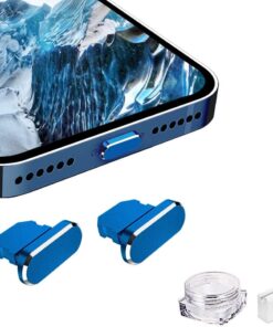 Metal Toz Önleyici Fiş iPhone 14 13 12 11 X XS XR 8 7 SE Mini Plus Pro Max iPad AirPods ile Uyumlu, 2'li Paket Yıldırım Şarj Portu Kapak Koruyucuları Fiş Tutucu ve Taşıma Kutusu (Mavi)