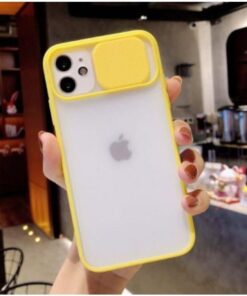 Iphone 12 Kılıf Kamera Lens Sürgülü Korumalı, Kenar Renkli, Arkası Buzlu Şeffaf Kapak (Sarı)