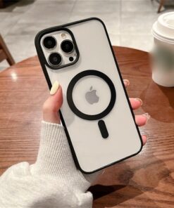 aks iphone 14 için kablosuz şarj ile uyumlu, kamera lens korumalı lazer kılıf siyah