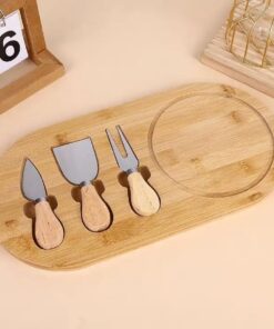 Bambu Peynir Sunum Tabağı, 3 Parça Peynir Bıçağı ve Çatalı Seti, Toplam 4 Parça, Doğal ve Şık Bambu Peynir Tabağı, Kaliteli Bambu Sunum Seti 34x20 cm Ebatlarında