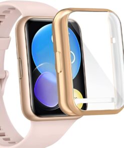 Huawei Watch Fit 2 İçin Saatin Çerçevesini Tam Saran TPU Ekran Koruyuculu Çizilme ve Darbelere Karşı Koruma Sağlayan Dokunmatik ve Ekran Görüntüsünü Etkilemeyen Esnek Silikon Kılıf (Rose Gold)