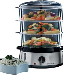 Hobbs Buharlı Pişirici, 9 L, 800 Watt, 60 Dakika Zamanlayıcı, Bulaşık Makinesinde Yıkanabilir, BPA İçermez, Pirinç/Yumurta kapları, Paslanmaz Çelik/Siyah, 19270-56
