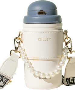 Diller 580ml Moda Deri Kılıflı İnci Süslü Pipetli Askılı Paslanmaz Çelik Termos Matara (Lacivert-Beyaz)