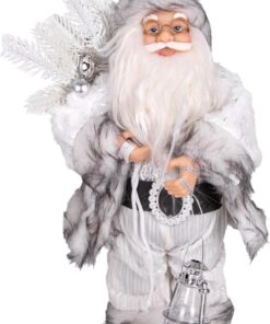 Yılbaşı Noel Baba Beyaz Hediye Çuvallı Fenerli Gümüş-Gri 30 Cm.