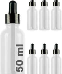 50 ml Metal Kapaklı Damlalık Dropper Şişesi Serum 50 cc Cam Şişe 6 Adet (Siyah Kapak, Şeffaf)