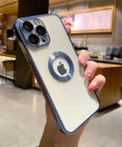 AKSESUAR iphone 13 Pro Max (6.7) inç Laser Silikon Arkası Şeffaf Kamera Korumalı Logo Detaylı Luxury Kılıf-13 Pro Max Laser Silicone Back Transparent Camera Protected Logo Detail Luxury case (Mavi)