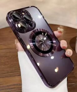 Manyetik Mıknatıslı İphone 14 PRO MAX Kamera Korumalı Kılıf Kılıf Silikon Şeffaf Yanları Parlak Logoyu Gösteren Kılıf (DERİN MOR)