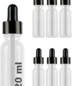 20 ml Metal Kapaklı Damlalık Dropper Şişesi Serum 20 cc Cam Şişe 6 Adet (Siyah Kapak, Şeffaf)