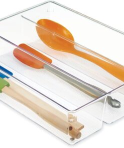 3 Bölmeli Derin Çekmece Düzenleyici, Büyük Plastik Mutfak Çekmece Ek Parçası, Mutfak Aksesuarları, Mutfak Eşyaları ve Çatal Bıçak Takımı için Pratik Çekmece Düzenleyici, Şeffaf, 26,7 x 7,6 x 35 cm