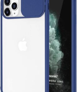 iPhone 11 Pro Max Uyumlu Kılıf Kamera Lens Korumalı Sürgülü Yüksek Korumalı Buzlu Transparan Kapak - Lacivert