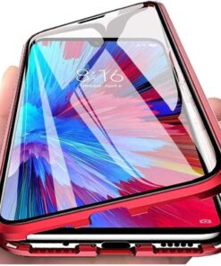iPhone 7/8 / SE 2020 Uyumlu Kılıf Önü Açık Arkası Temperli Cam, Manyetik Adsorpsiyon Darbeye Dayanıklı Kapak, Alüminyum Metal Tampon Güçlü Mıknatıslar (Kırmızı)