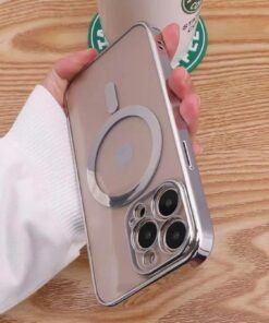 aks iphone 14 pro için kablosuz şarj ile uyumlu, kamera lens korumalı lazer kılıf gümüş
