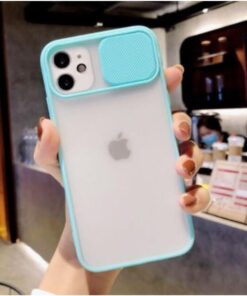 Iphone 12 Kılıf Kamera Lens Sürgülü Korumalı, Kenar Renkli, Arkası Buzlu Şeffaf Kapak (Turkuaz)