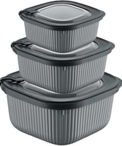 3'lü MicroLine Saklama Kabı Seti (600-1100-1800 ml) - Hava Tahliye Kapağı ile Mikrodalgada Kapağı Kapalı Isıtma, Vakumlu, Sızdırmaz, BPA Free, Silikon Kapaklı, Gıdaları Güvenle Saklayın (Antrasit)