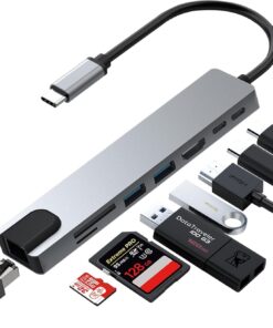 Macbook Pro Air İçin USB Type-C Hub Dönüştürücü 8 in 1 Çoklayıcı - HDMI, 2 Adet USB 3.0, 2 Adet USB C, SD/MicroSD, Ethernet - Çevirici 8li Port USB C Adaptör Bağlantı Noktası Ara Kablo