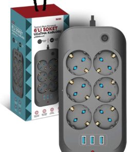 Termal Akım Korumalı Priz Çocuk Korumalı 6'Lı 2 Metre Uzatma Kablosu 6Xpriz 3Xusb Priz
