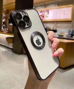 AKSESUAR iphone 14 Pro Max (6.7) inç Laser Silikon Arkası Şeffaf Kamera Korumalı Logo Detaylı Luxury Kılıf-14 Pro Max Laser Silicone Back Transparent Camera Protected Logo Detail Luxury case (Siyah)