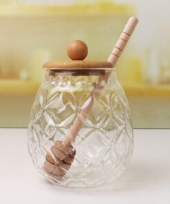 Bambu Kapaklı Cam Bal Kavanozu – 350ml | Kaşıklı & Şık Sunum Kavanozu | Doğal Ahşap Kapaklı Cam Bal Saklama Kabı