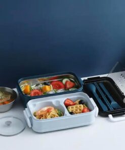 Box, 1400 ml 3 katlı beslenme kutusu, çatal bıçak takımı, yemek kutusu, yemek kutusu, bulaşık makinesinde yıkanabilir, mikrodalga fırına dayanıklı, iş ve okul için, beslenme kutusu (Mavi)