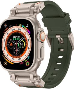Apple İle Uyumlu Watch Ultra 49mm KRD-101 Titanyum Metal Başlıklı Silikon Kordon Yeşil-Titanyum