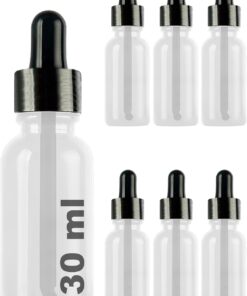 30 ml Metal Kapaklı Damlalık Dropper Şişesi Serum 30 cc Cam Şişe 6 Adet (Siyah Kapak, Şeffaf)