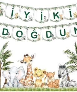 Hediye Sepeti İyi Ki Doğdun Yazısı Doğum Günü Banner, Safari Konsept Temalı Flama, Baby Animal