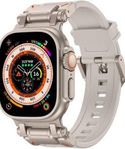 Apple İle Uyumlu Watch Ultra 49mm KRD-101 Titanyum Metal Başlıklı Silikon Kordon Starlight-Titanyum