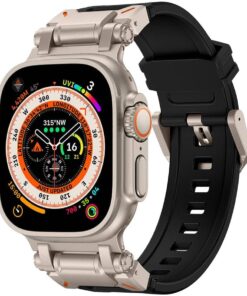 Apple İle Uyumlu Watch Ultra 49mm KRD-101 Titanyum Metal Başlıklı Silikon Kordon Siyah-Titanyum