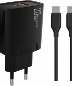 20 watt USB + Type-C çıkışlı Hızlı Şarj Başlık Adaptör + 1m 3A Type-C to Type-C Kablo (Yerli Üretim) KDR-42 Siyah (20w+Type-C Kablo)