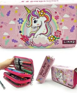 Kalem Kutusu Unicorn Bahar Temalı Kawai Organizer Kalemkutu Vegan Deri Üç Bölmeli Kalemlik- Pembe