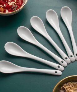 7997-1 6'lı Beyaz Porselen Baharat Kaşığı - Kahvaltılık Bal Reçel Şeker Servis Kaşığı 13 cm