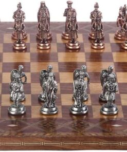 Metal Osmanlı Bizans Satranç Takımı Orta Boy Antik ve El Yapımı Masif Ahşap Satranç Tahtası