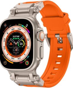 Apple İle Uyumlu Watch Ultra 49mm KRD-101 Titanyum Metal Başlıklı Silikon Kordon Turuncu-Titanyum