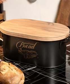 Metal Ahşap Kapaklı Tel Kulplu Metal Ekmeklik (Bread Baskılı) Ln1293S